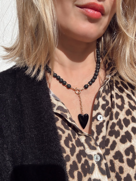 Heart Necklace in Lava Stone Beads and Black Onyx Pendant