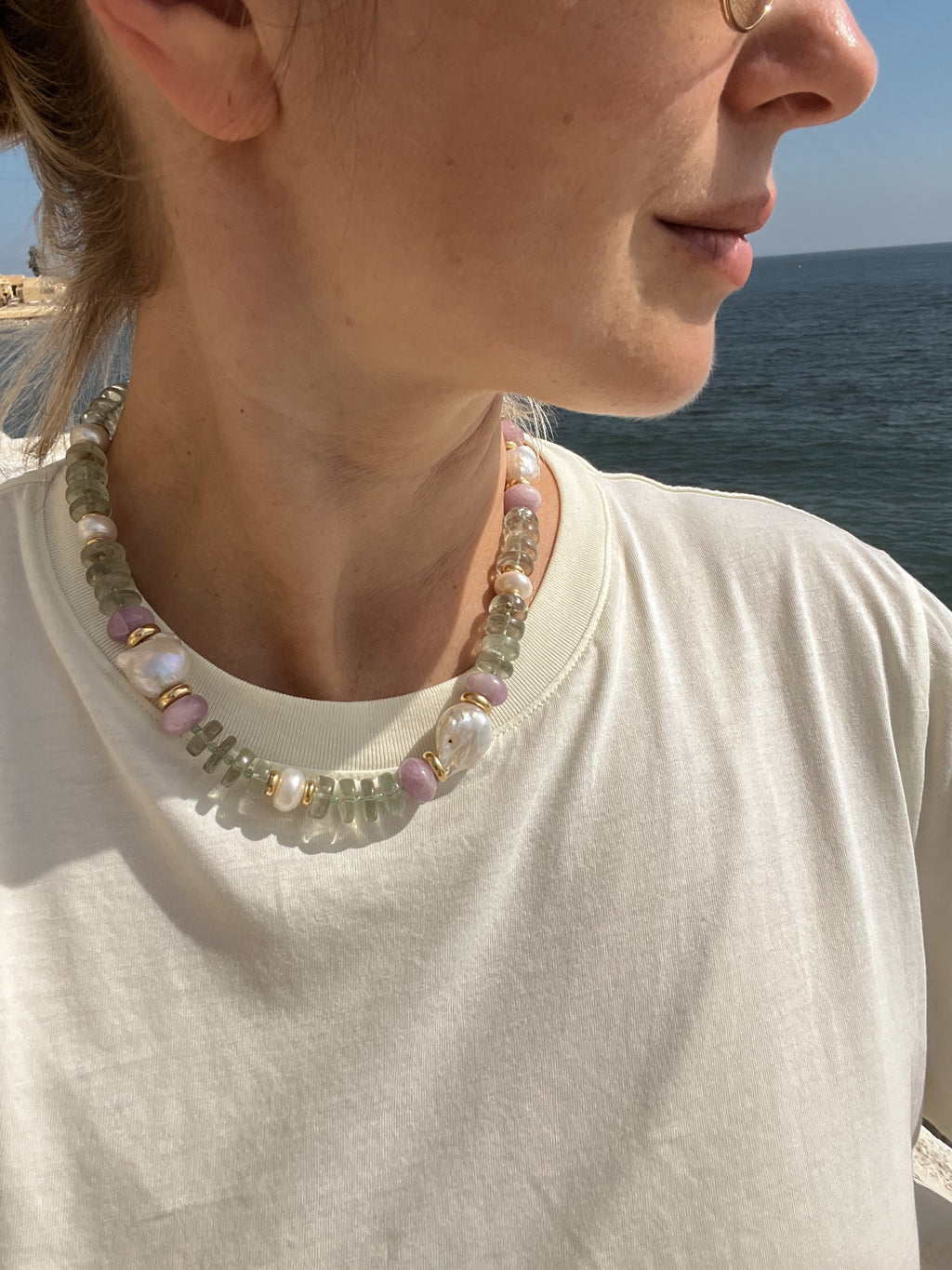 Statement Necklace In Green Amethyst And Kunzite