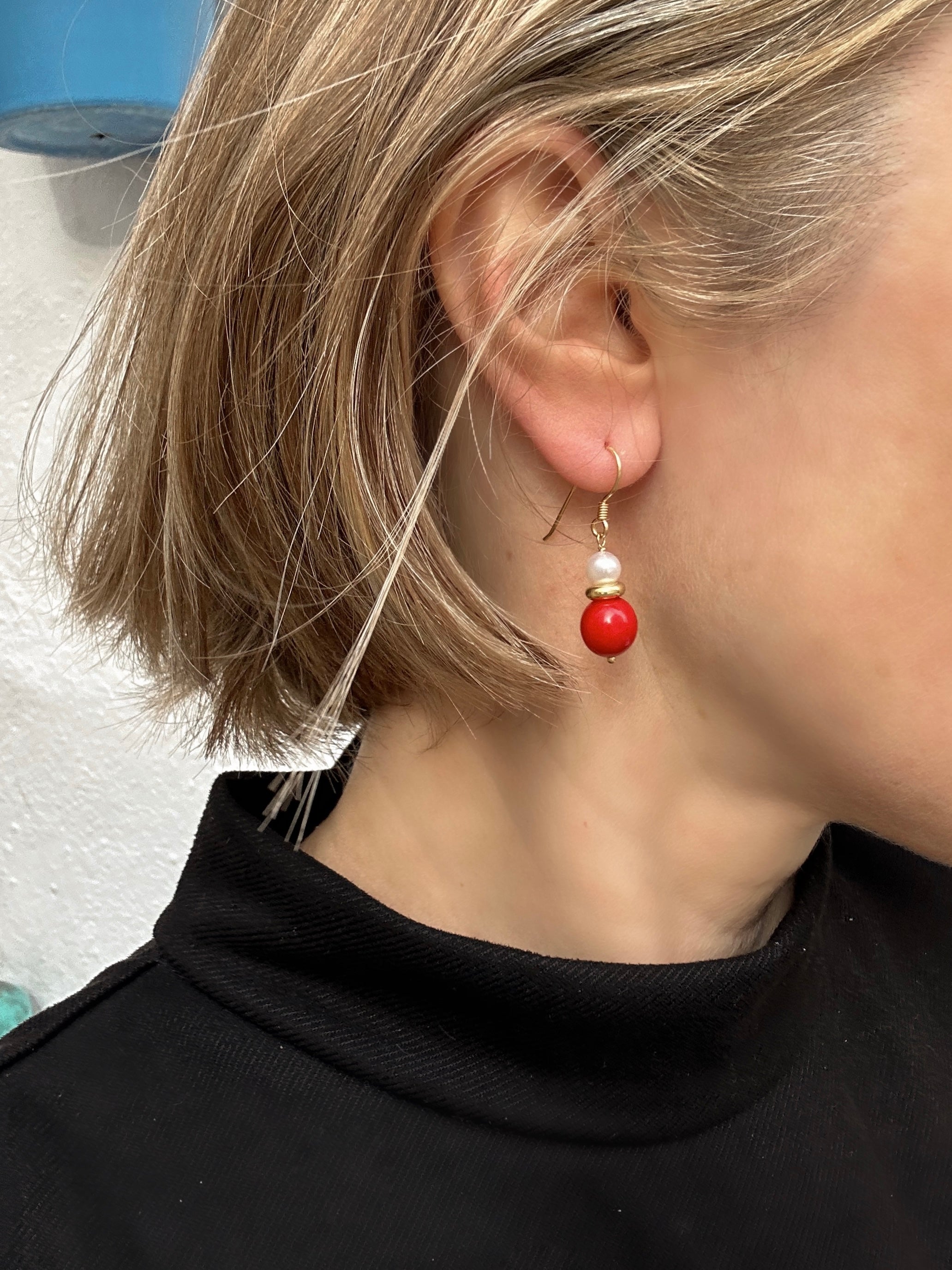 Red Coral And Pearl Drop Earrings