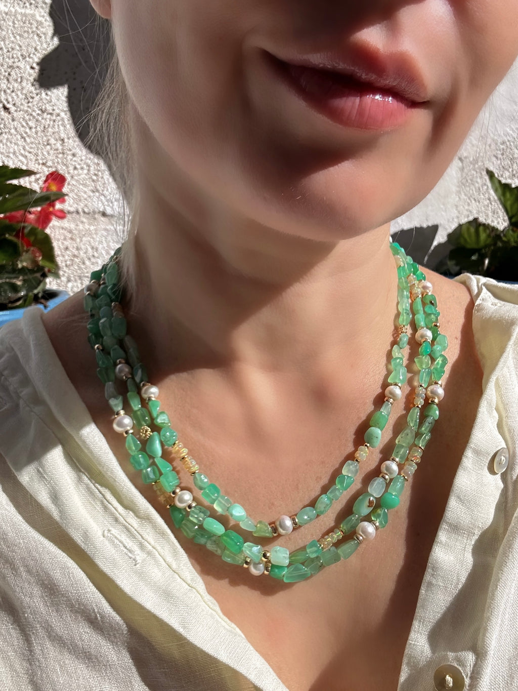 Chrysoprase, Ethiopian opal and Freshwater Pearl Layered Necklace