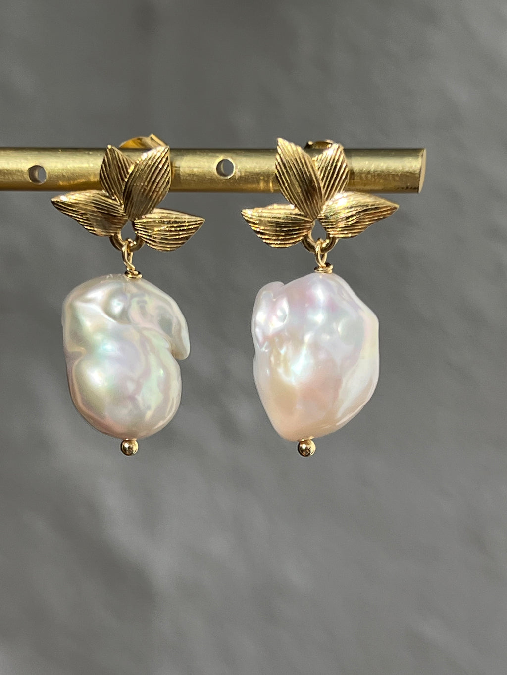Baroque Pearl Drop Earrings On Golden Leaves Studs