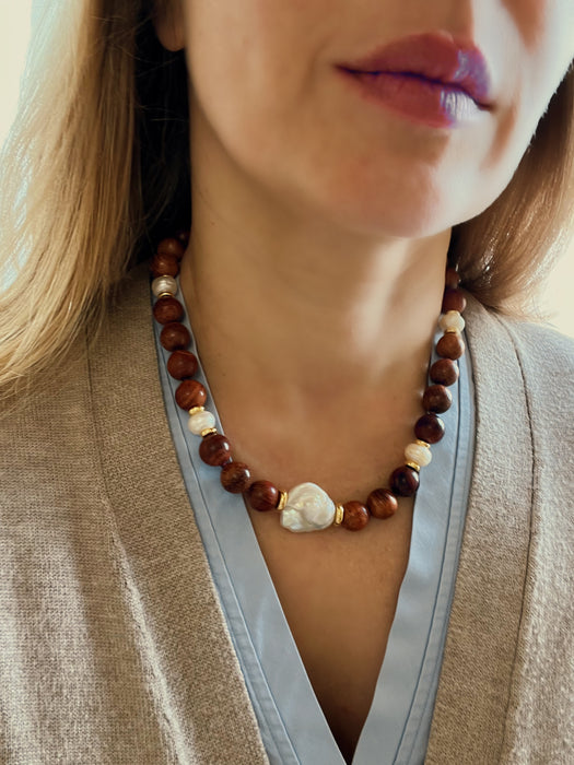 Rosewood And Pearl Statement Necklace