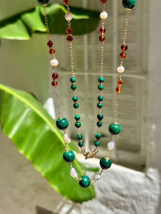 Long Malachite And Pearl Chain