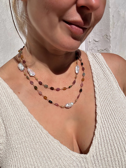 Long Tourmaline And Keshi Pearl Chain