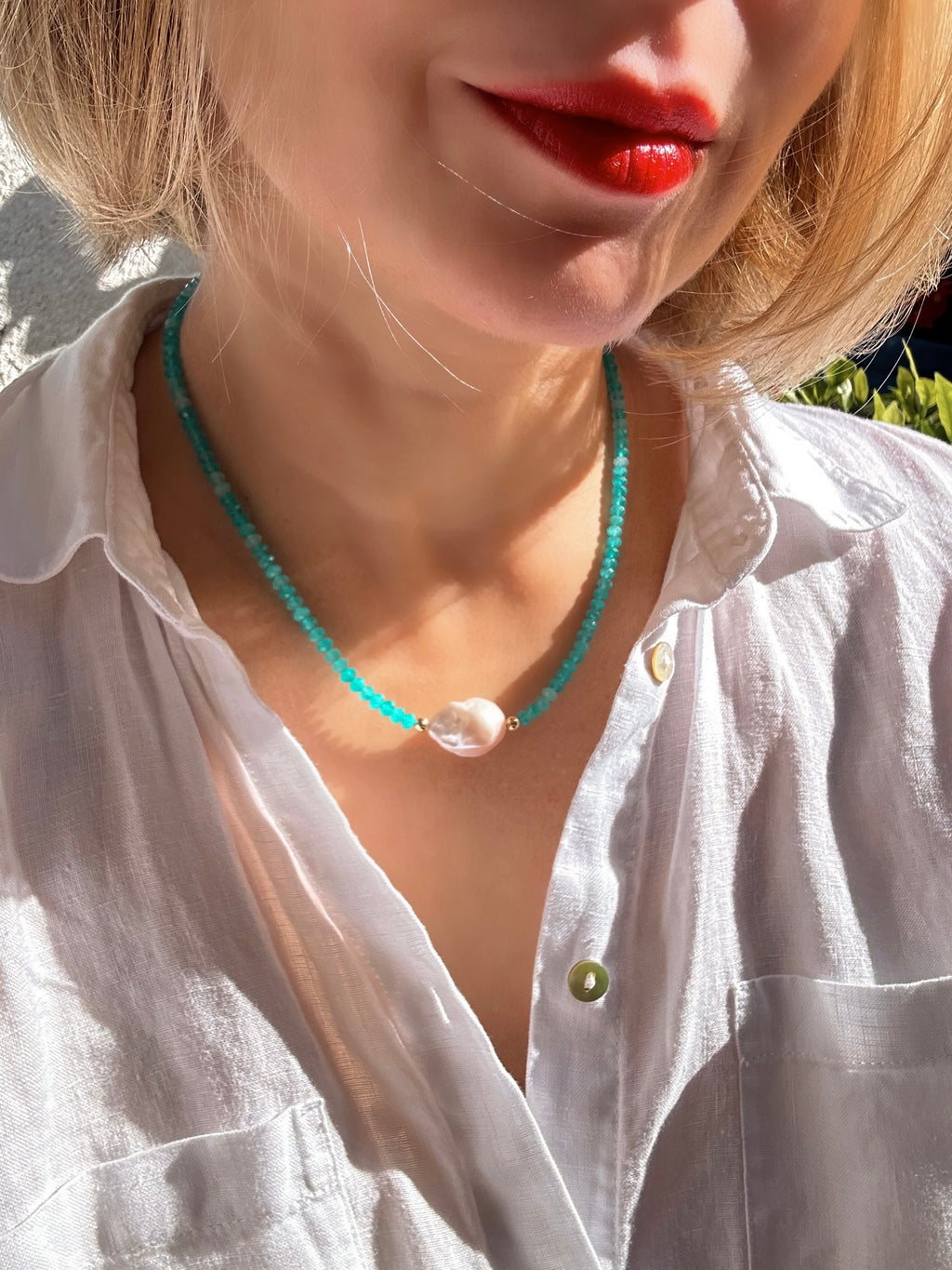 Amazonite From Peru And Baroque Pearl Necklace