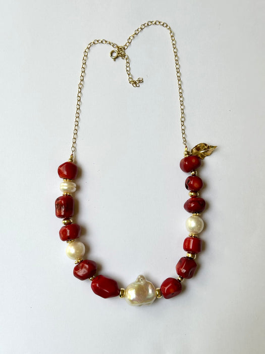 Red Coral And Pearl Statement Necklace