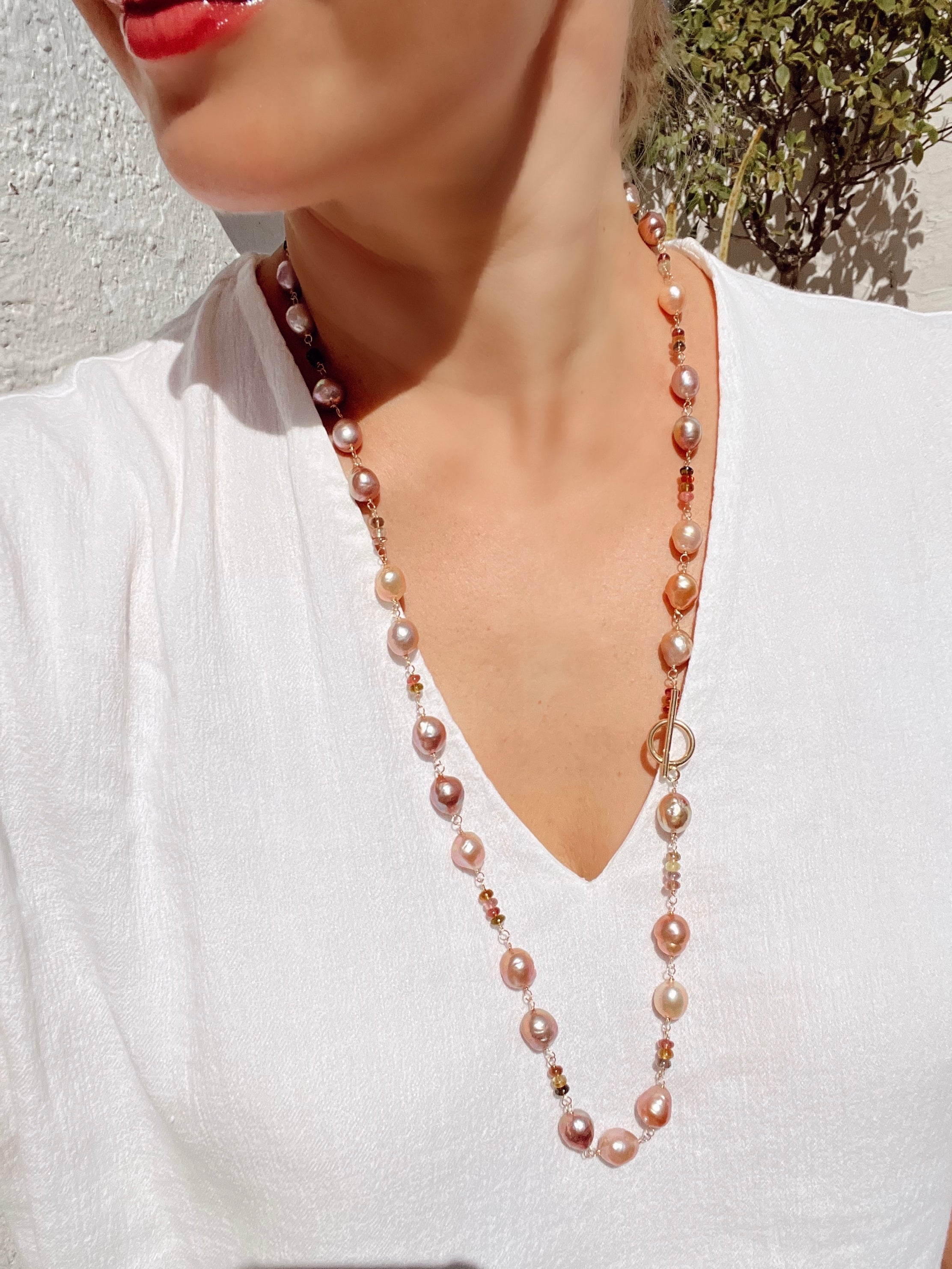 Pearl And Tourmaline Long Necklace