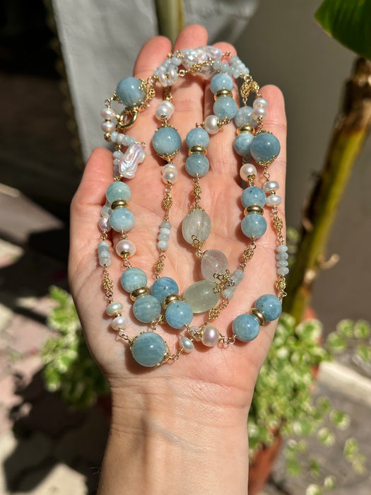 Long Aquamarine And Pearl Chain