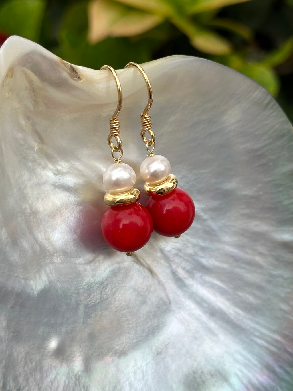 Red Coral And Pearl Drop Earrings