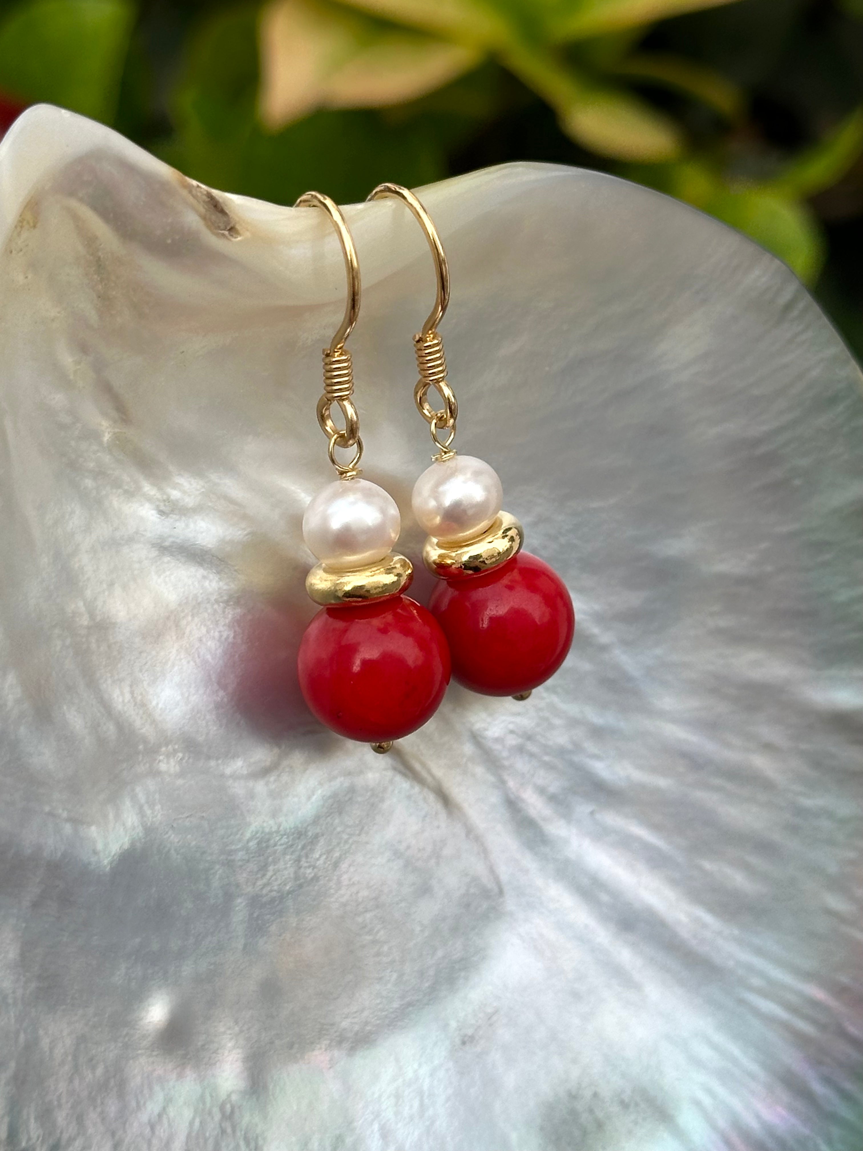 Red Coral And Pearl Drop Earrings
