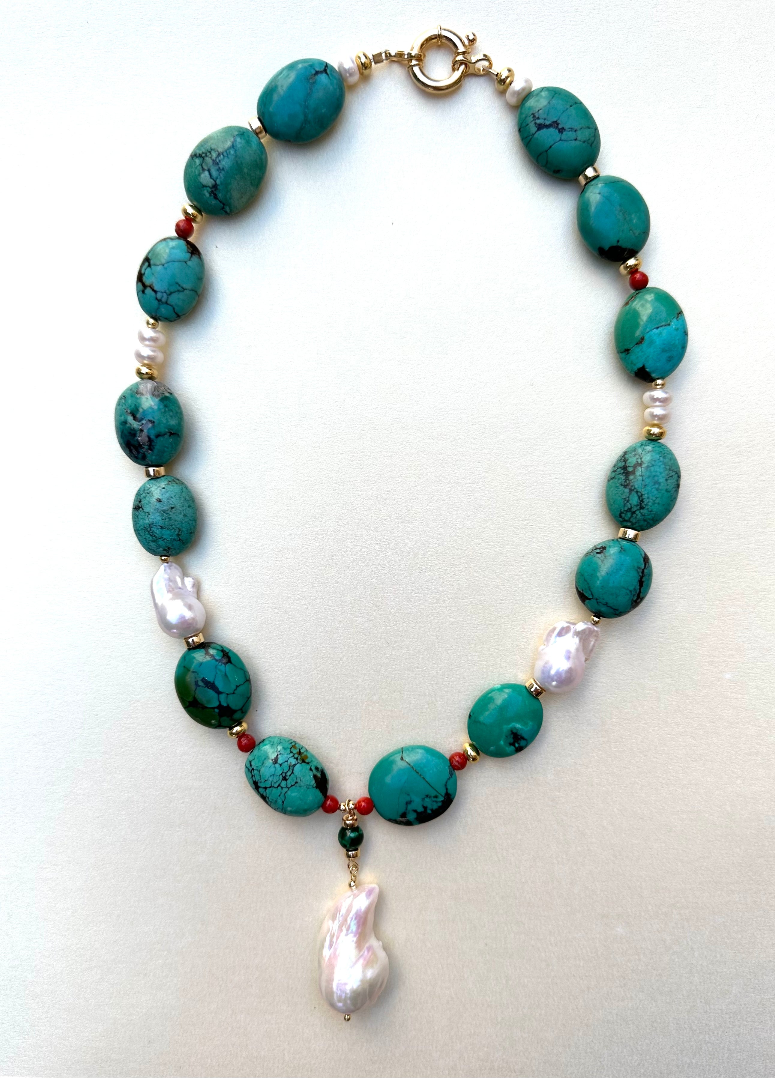 Chunky Natural Turquoise, Coral And Pearls Necklace
