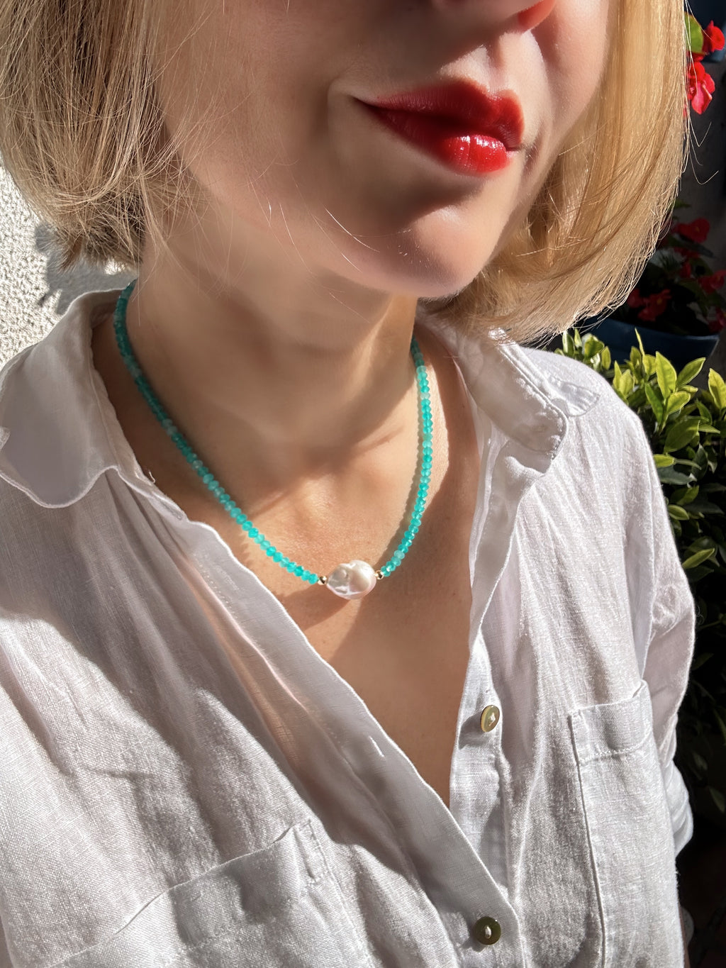 Amazonite From Peru And Baroque Pearl Necklace
