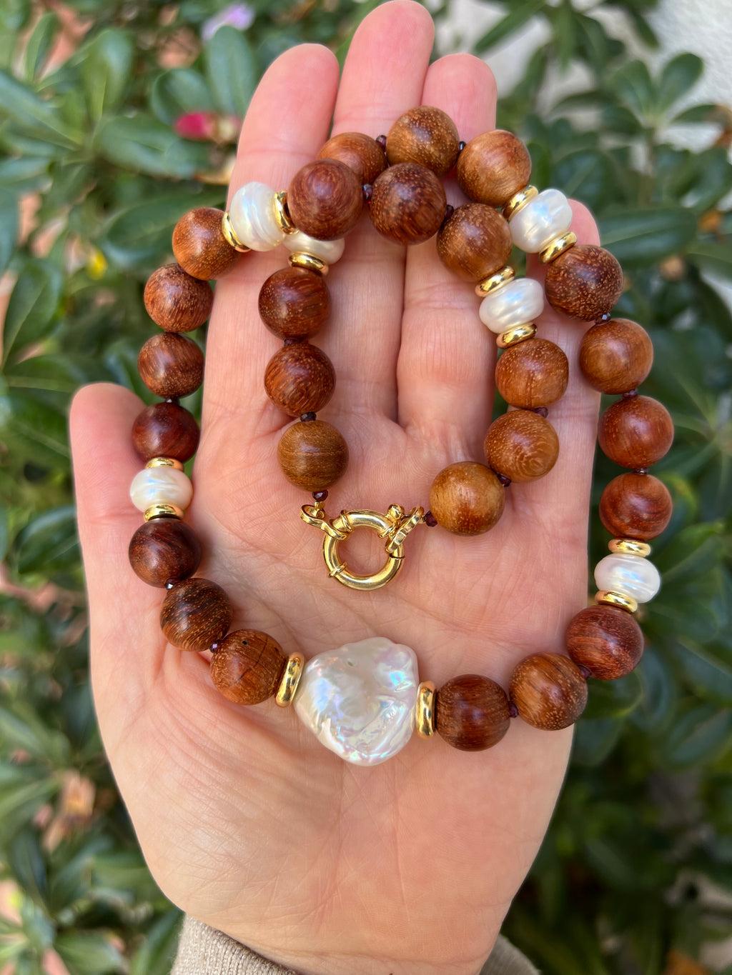 Rosewood And Pearl Statement Necklace