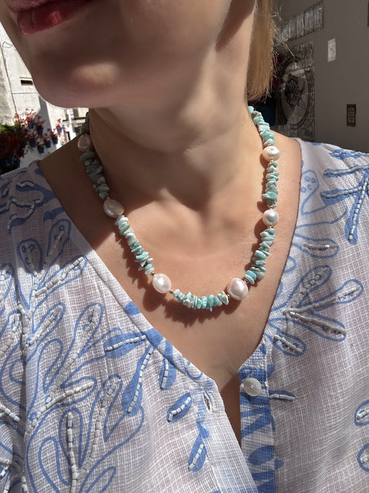 Larimar chips and Baroque pearls necklace