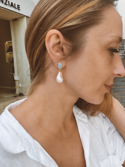 Baroque Pearl And Aqua Chalcedony Earrings