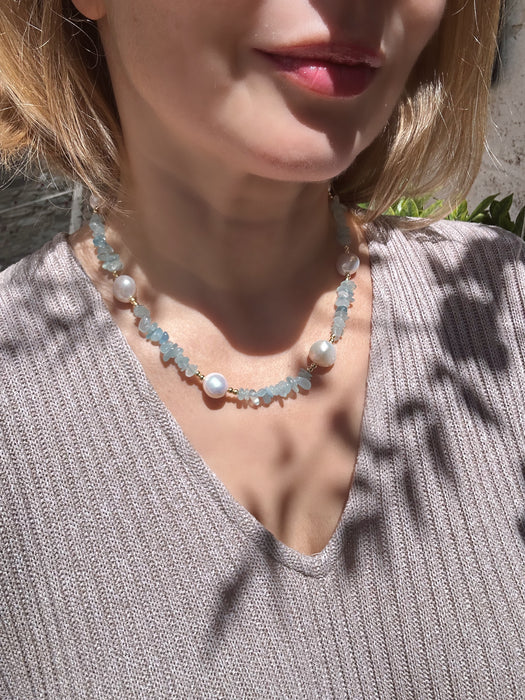 Aquamarine Chips And Pearl Necklace