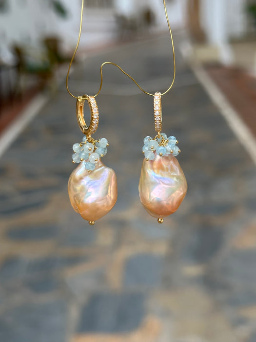 Pink Baroque Pearl And Aquamarine Earrings