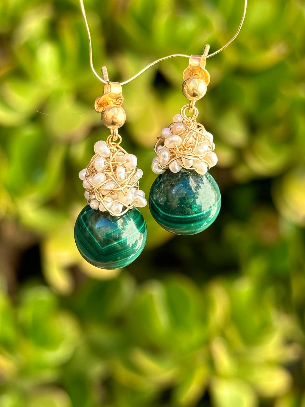 Malachite And Pearl Cluster Earrings