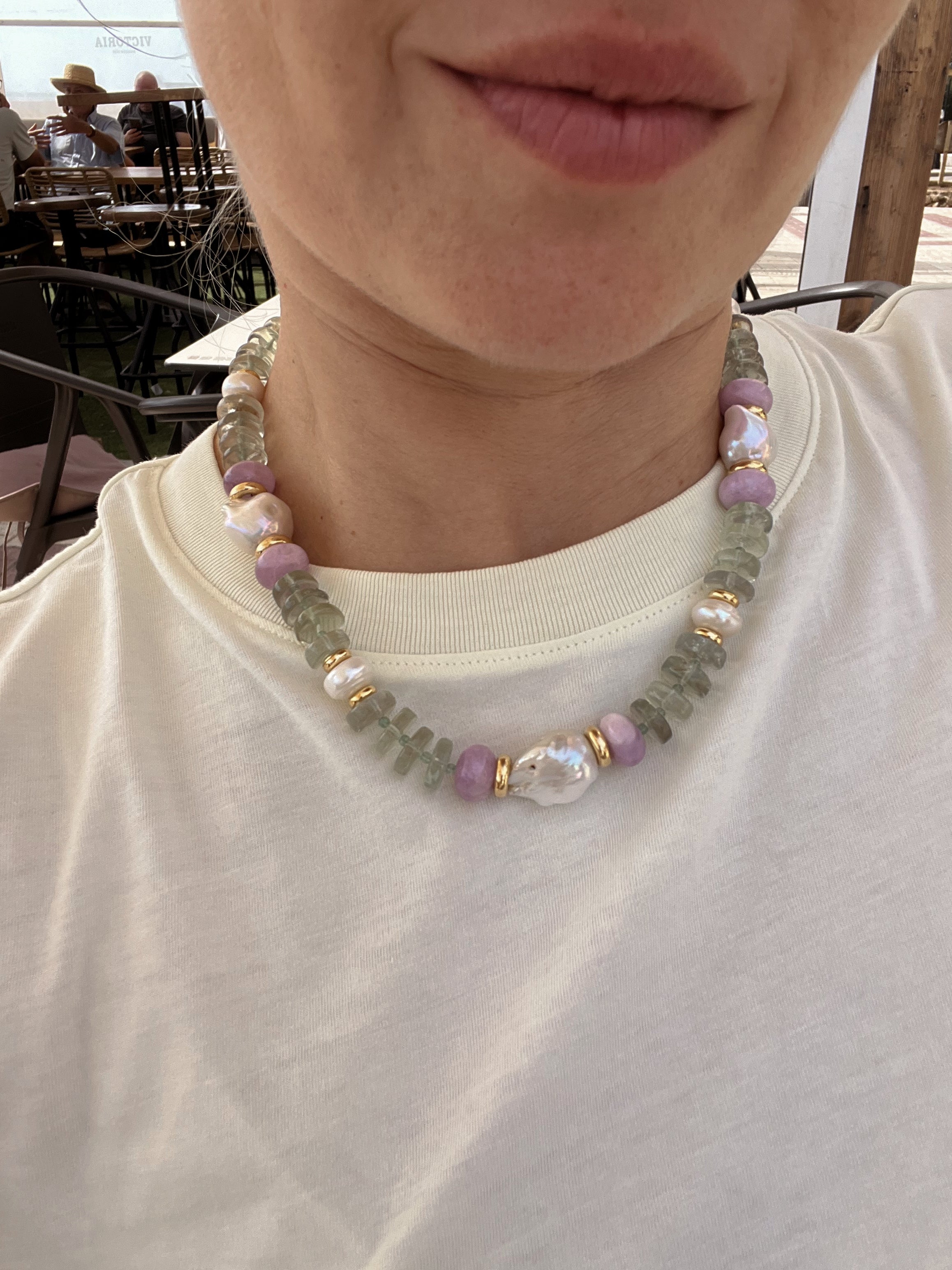 Statement Necklace In Green Amethyst And Kunzite