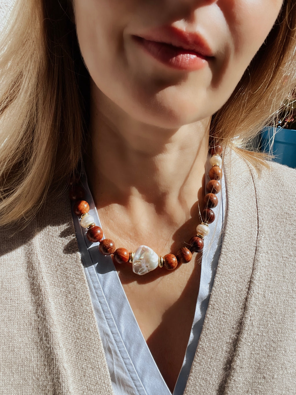 Rosewood And Pearl Statement Necklace
