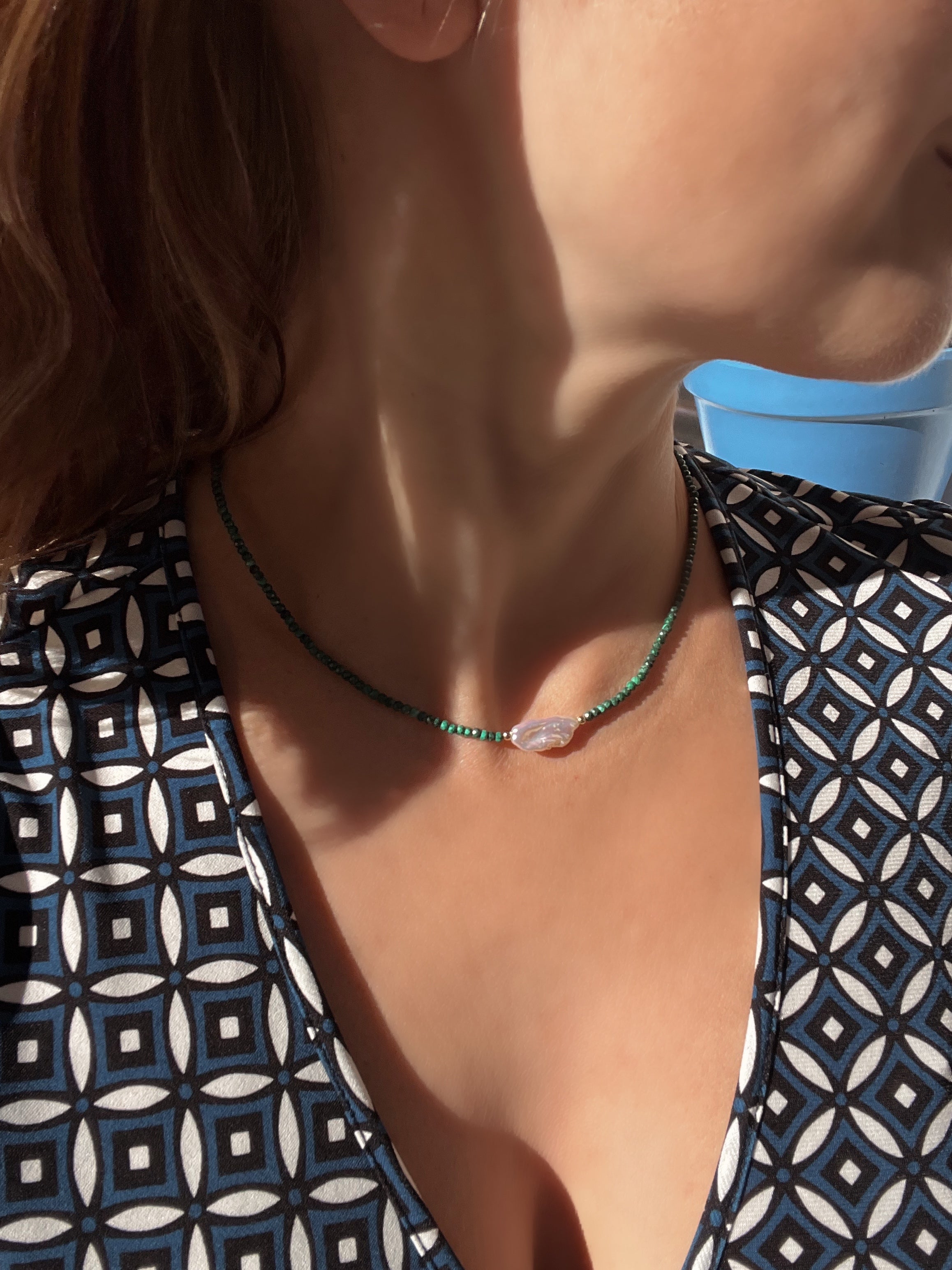 Malachite And Keshi Pearl Minimalist Necklace