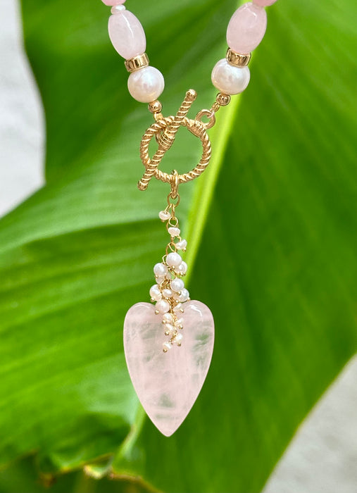 Rose Quartz Lariat Necklace With Heart Pendant