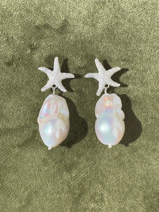 Silver Starfish Baroque Pearl Earrings