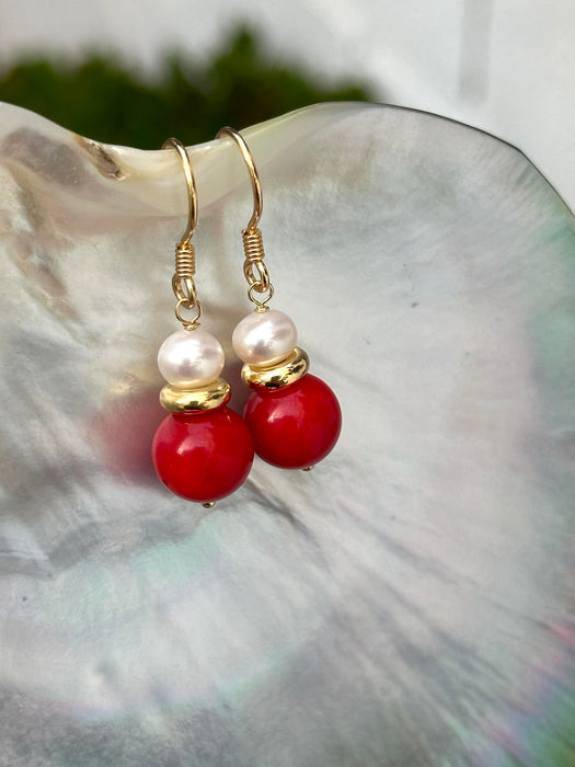 Red Coral And Pearl Drop Earrings