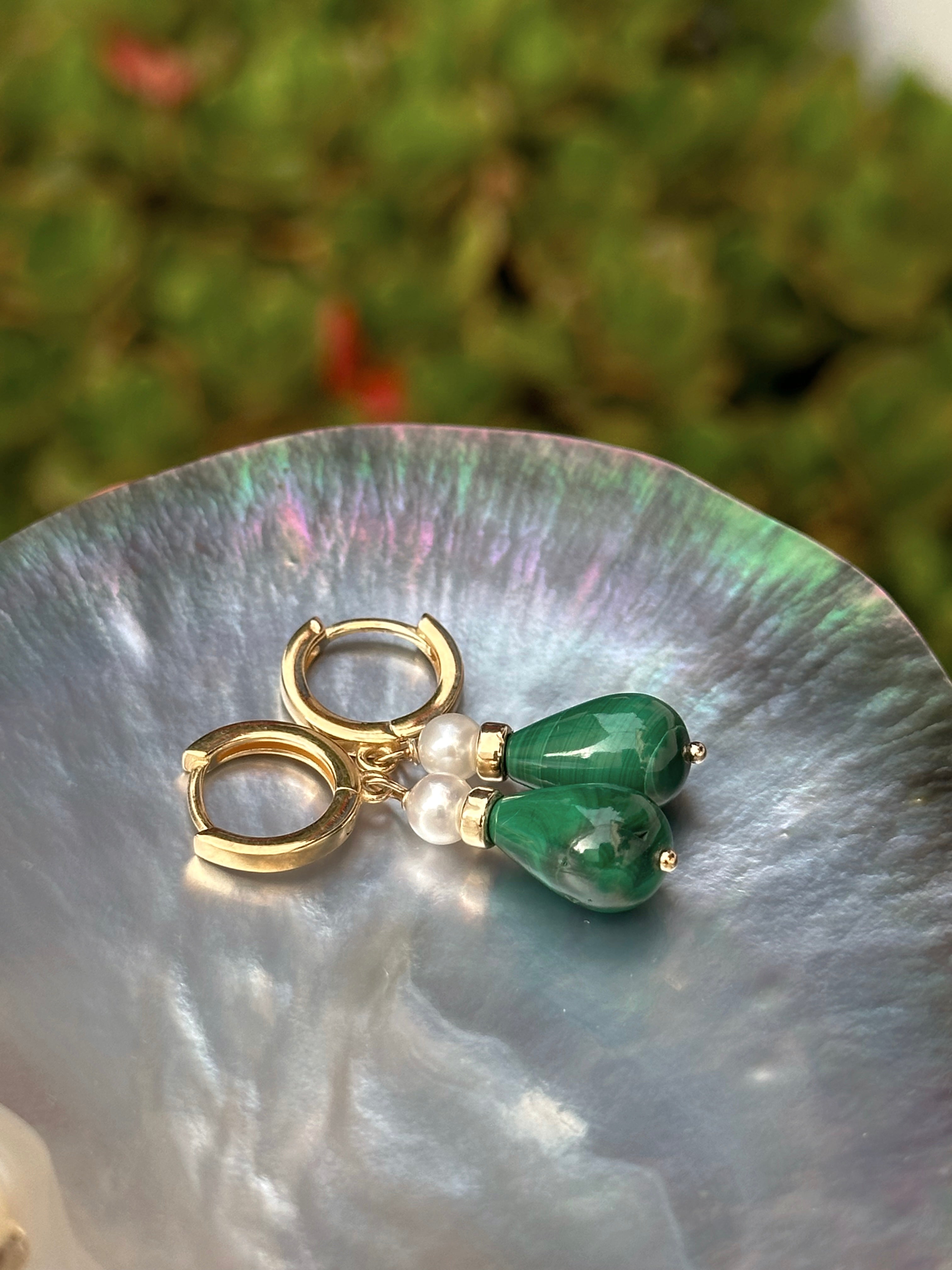 Malachite and Pearl Drop Earrings