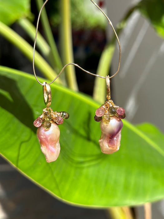 Purple Baroque Pearl with Cascade of Tourmalines Earrings