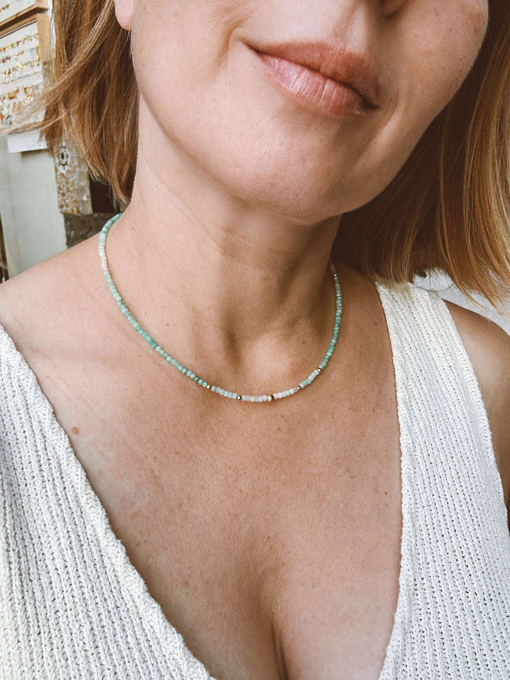 Dainty Shaded Emerald And Solid Gold Necklace