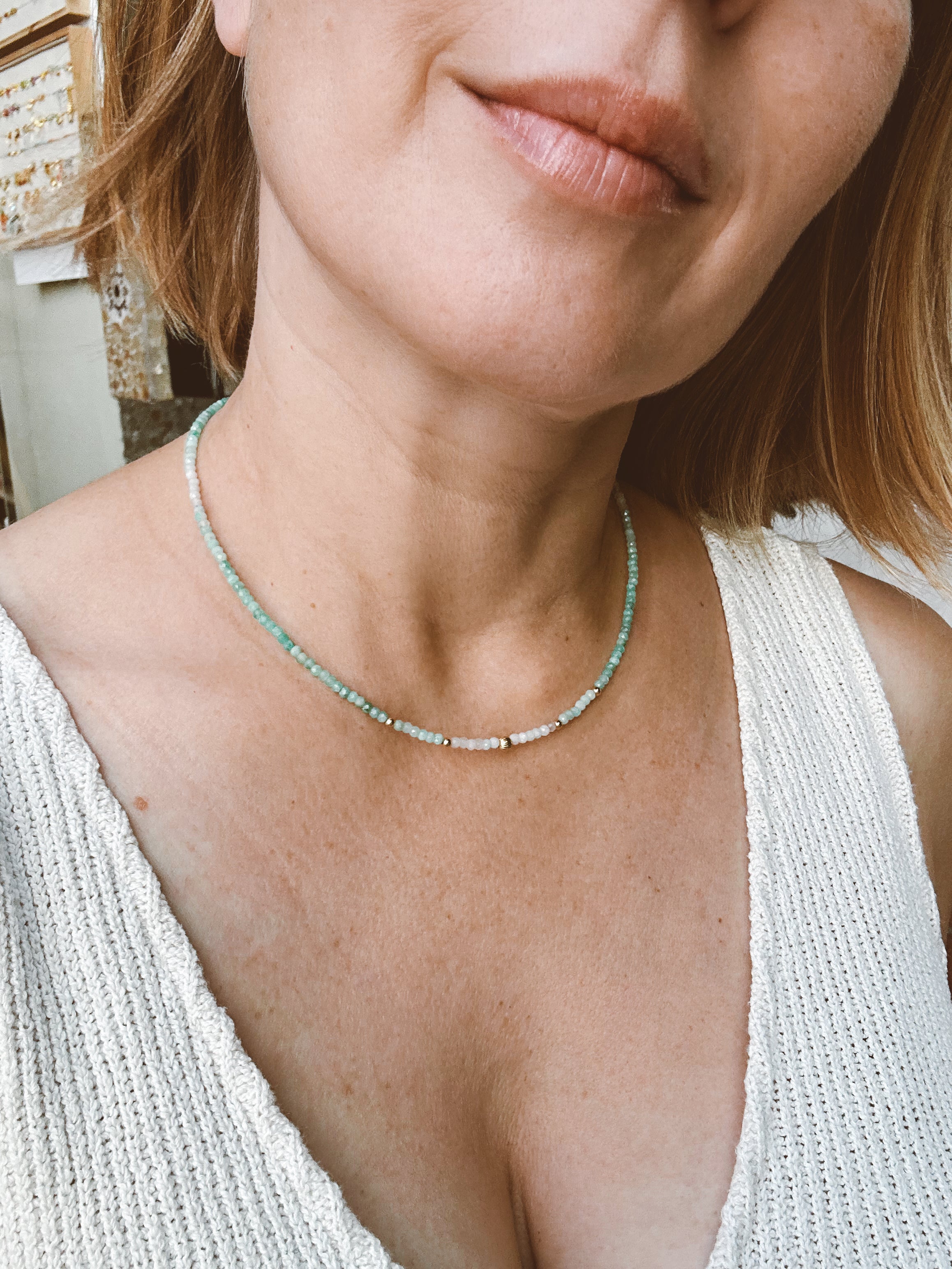 Dainty Shaded Emerald And Solid Gold Necklace