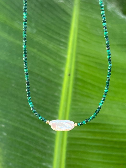 Malachite And Keshi Pearl Minimalist Necklace