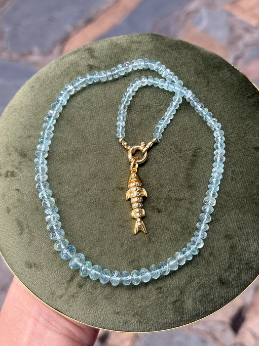 Aquamarine Beaded Necklace with Gold Plated Silver Fish Charm