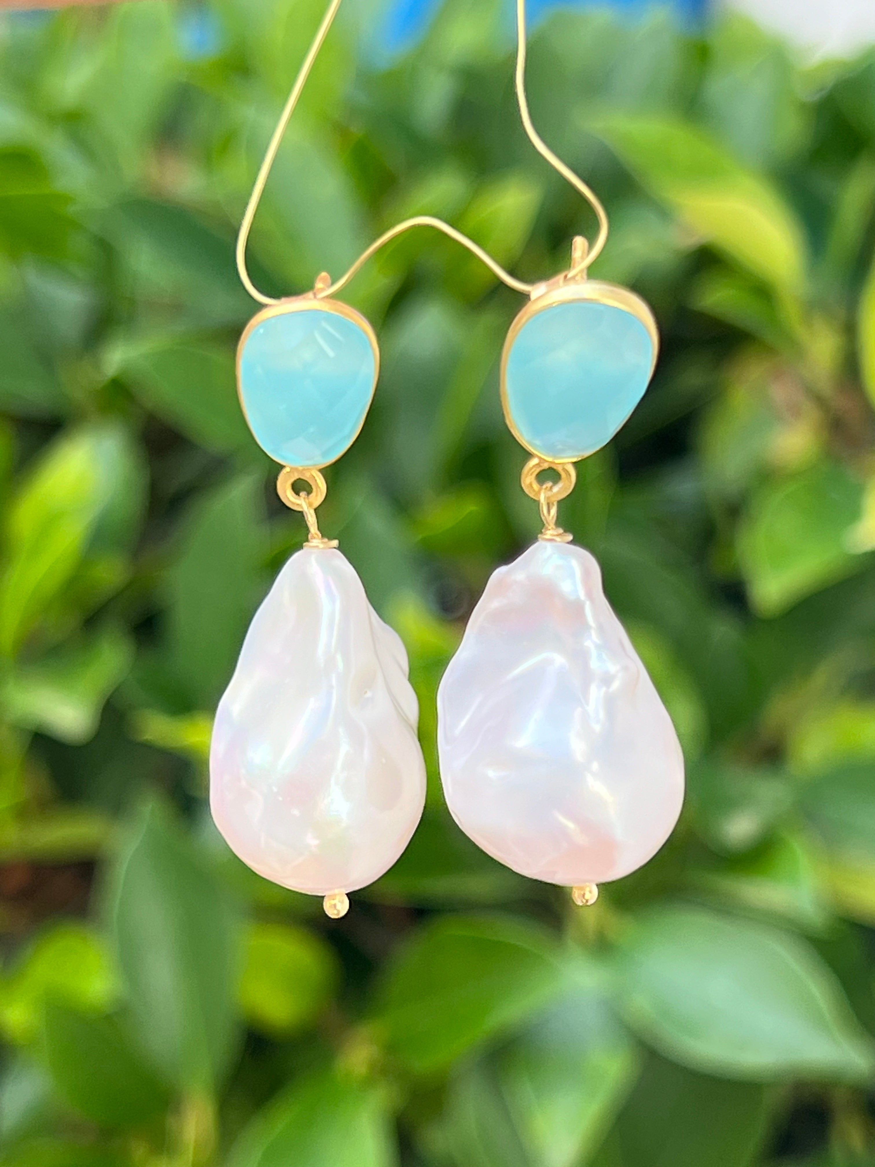 Baroque Pearl And Aqua Chalcedony Earrings