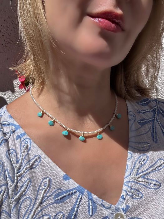 Natural Turquoise and Tiny Pearl Necklace