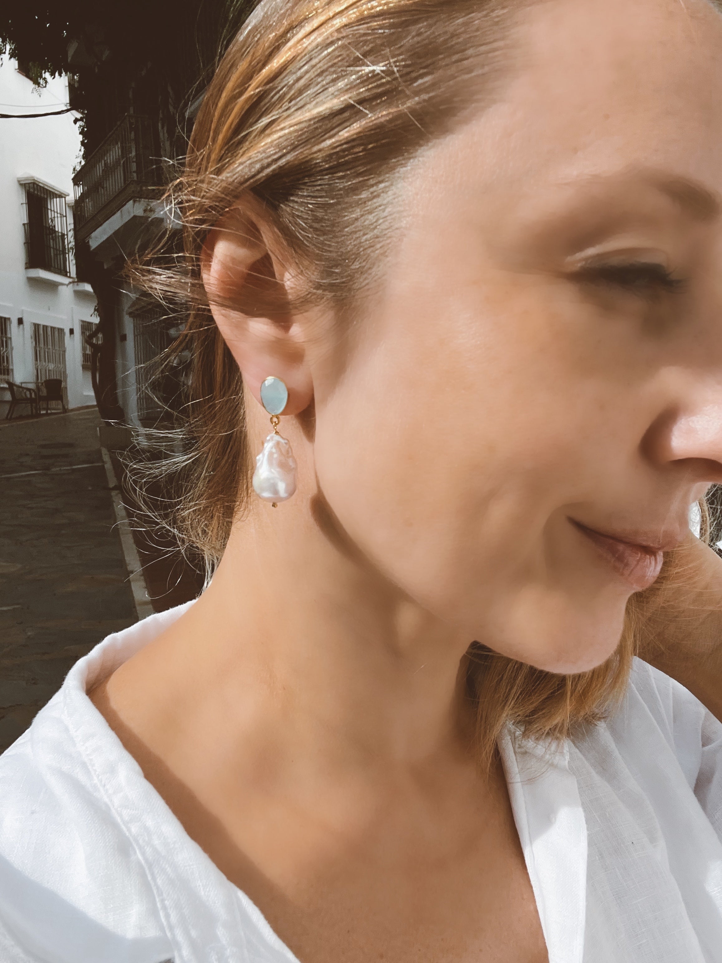 Baroque Pearl And Aqua Chalcedony Earrings