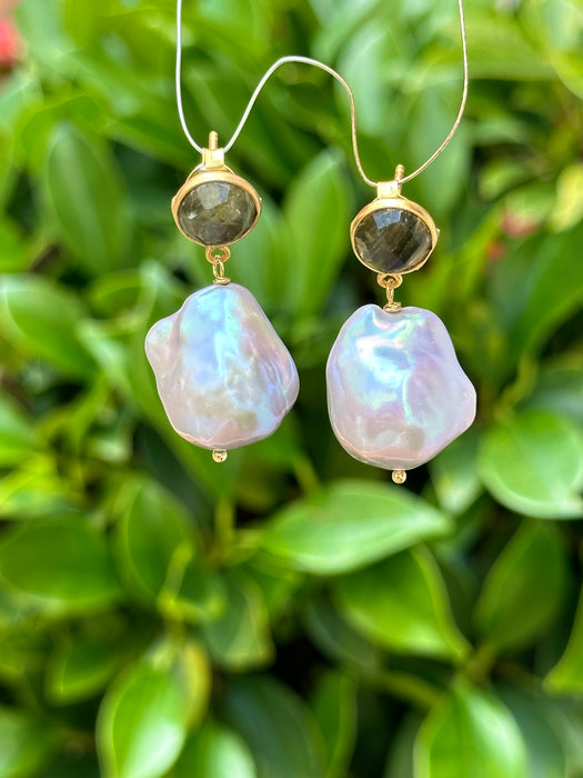 Grey Baroque Pearl And Labradorite Earrings