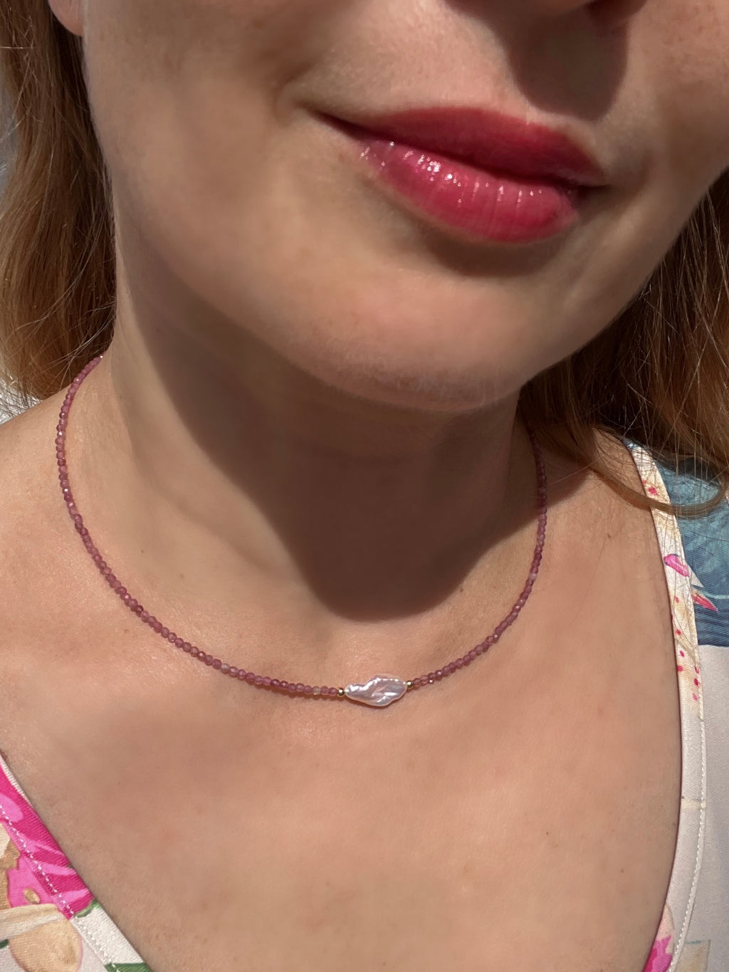 Pink Tourmaline and Keshi Pearl Necklace, October Birthstone Necklace