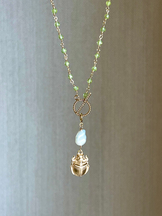 Peridot Rosary Chain With Keshi Pearl And Scarab Pendant