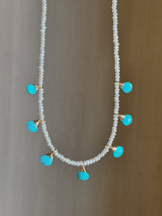 Natural Turquoise and Tiny Pearl Necklace