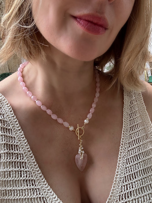 Rose Quartz Lariat Necklace With Heart Pendant