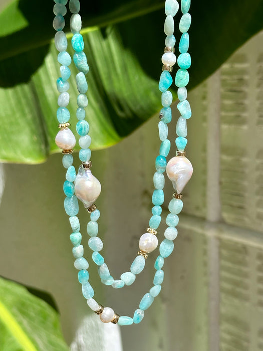 Long Amazonite And Pearl Beaded Necklace