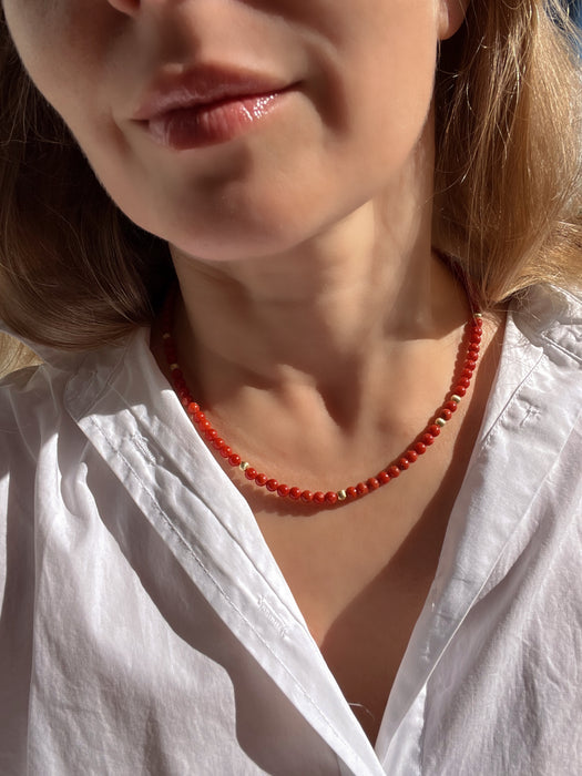 Red Mediterranean Coral Necklace in Solid 18k Gold