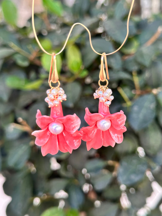 Carved shell flower and pearl earrings