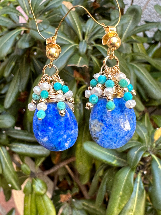 Lapis Lazuli, Natural Turquoise and Pearls Dangle Earrings