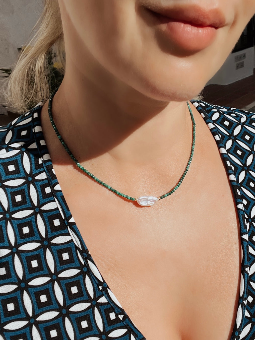 Malachite And Keshi Pearl Minimalist Necklace