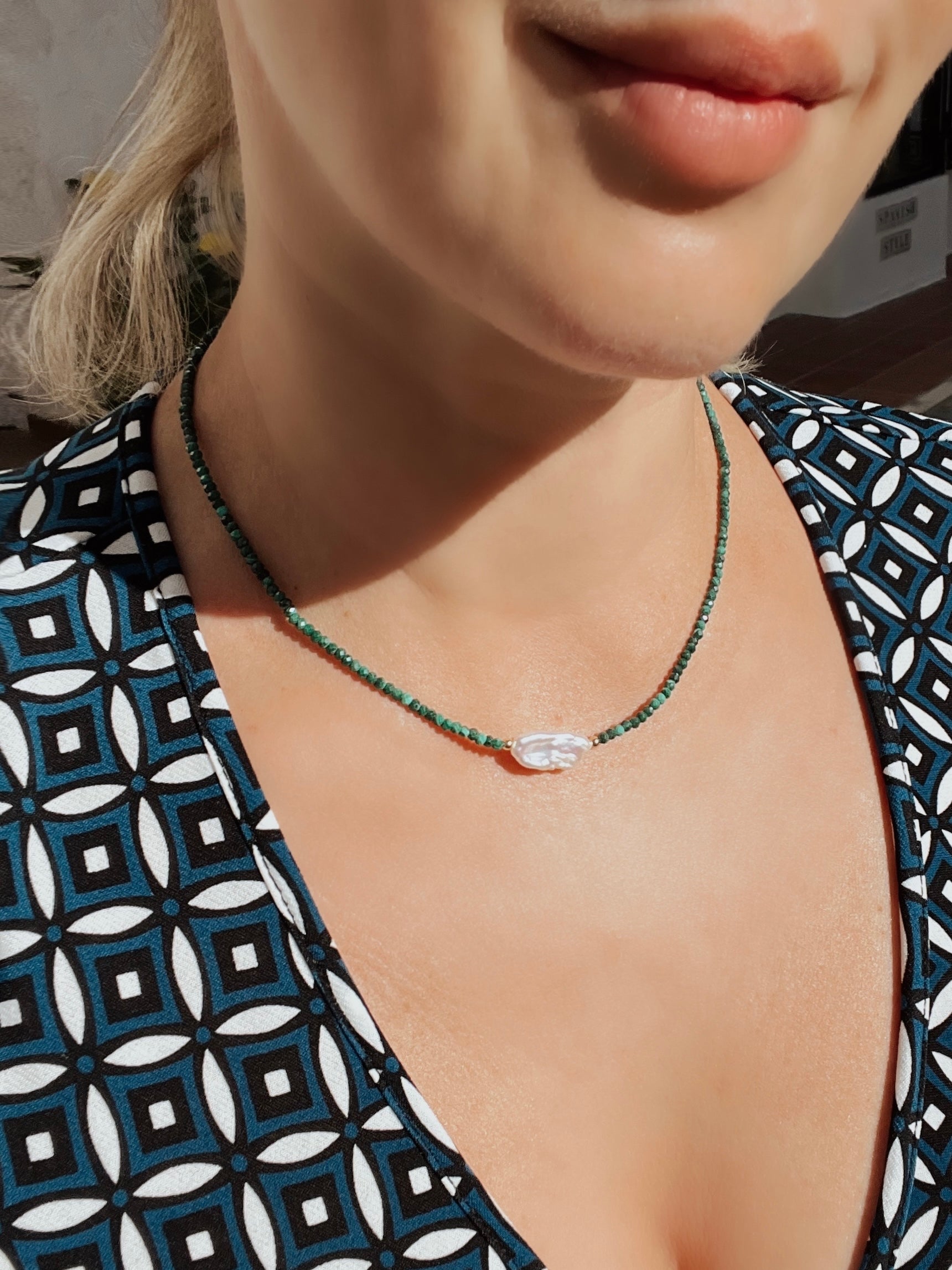 Malachite And Keshi Pearl Minimalist Necklace