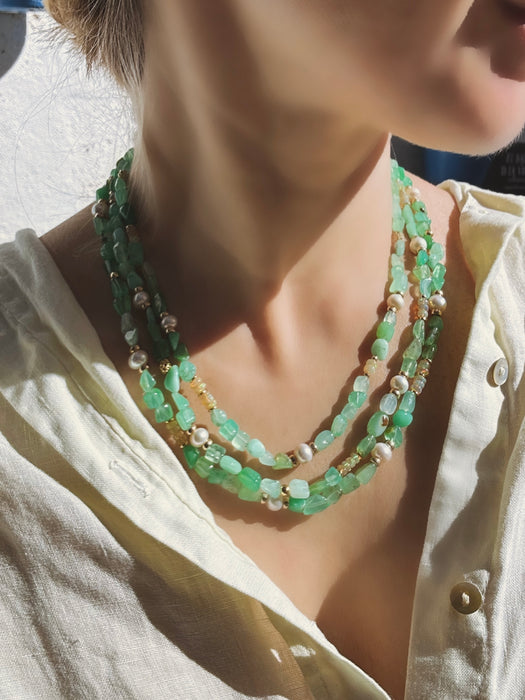 Chrysoprase, Ethiopian opal and Freshwater Pearl Layered Necklace