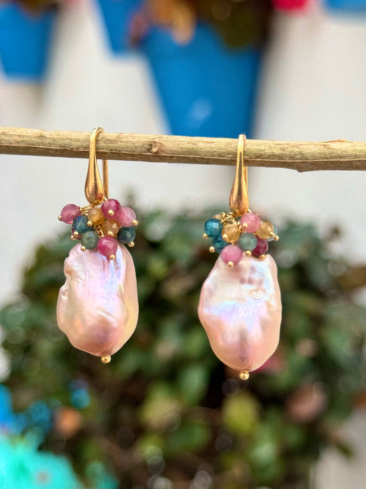 Purple Baroque Pearl Drop Earrings With Tourmalines